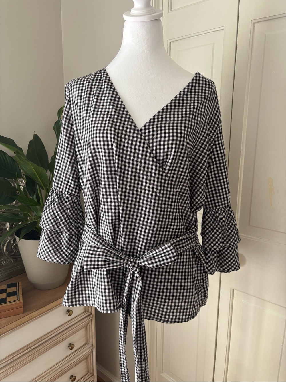 beachlunchlounge Black and White Gingham Wrap Blouse with Tie Medium